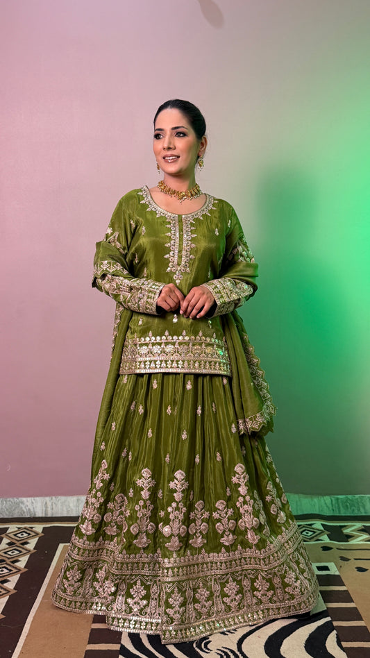 Olive Green Pure Tissue Designer Lehenga Suit with Embroidered Dupatta