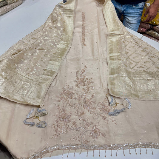 Elegant Unstitched Silk Designer Suit with Intricate Handwork and Banarasi Dupatta
