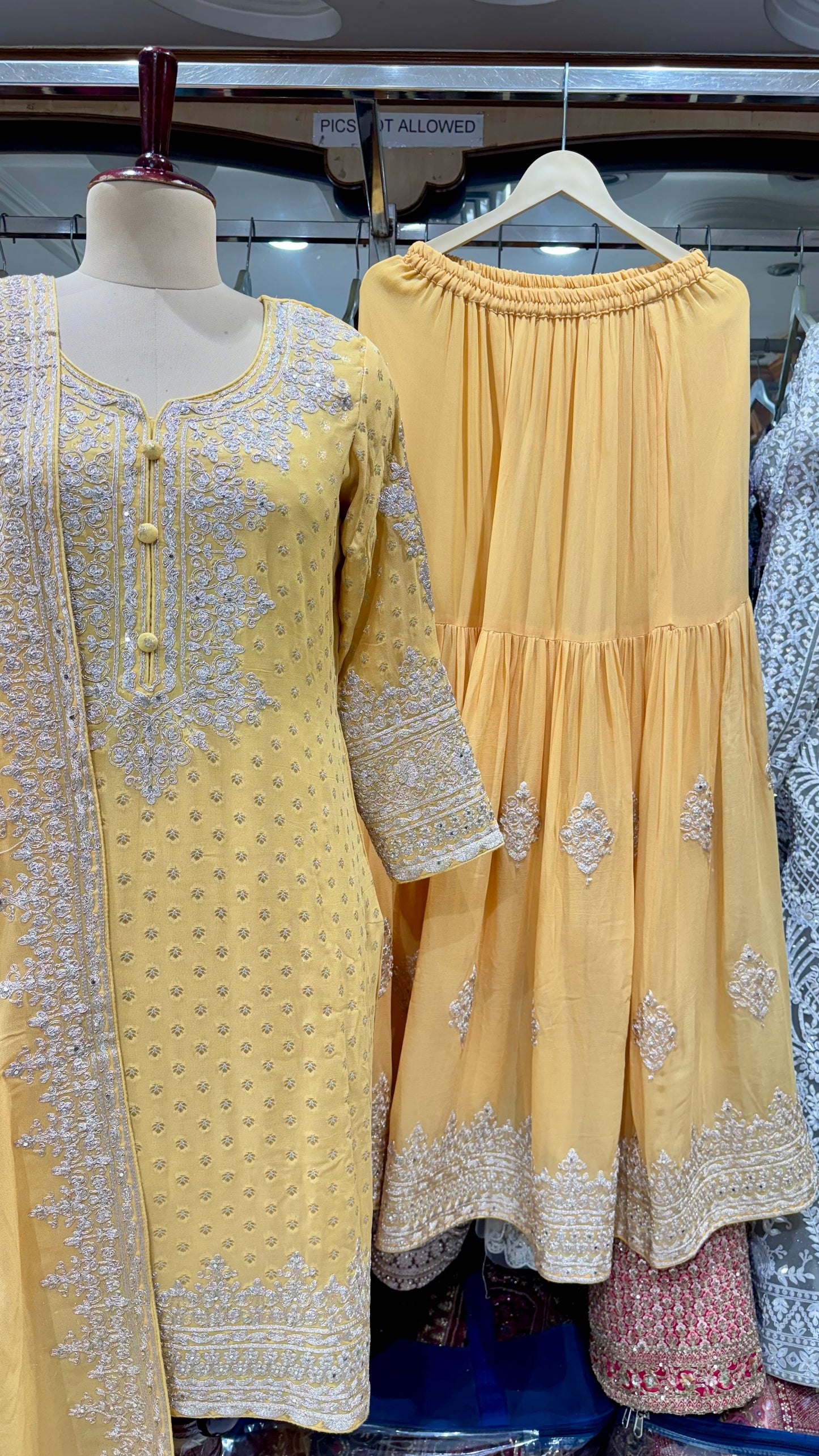 Graceful Pure Mysore Georgette Zari & Sequin Embroidered Readymade Gharara Suit – Free Size (Up to 44” Bust)