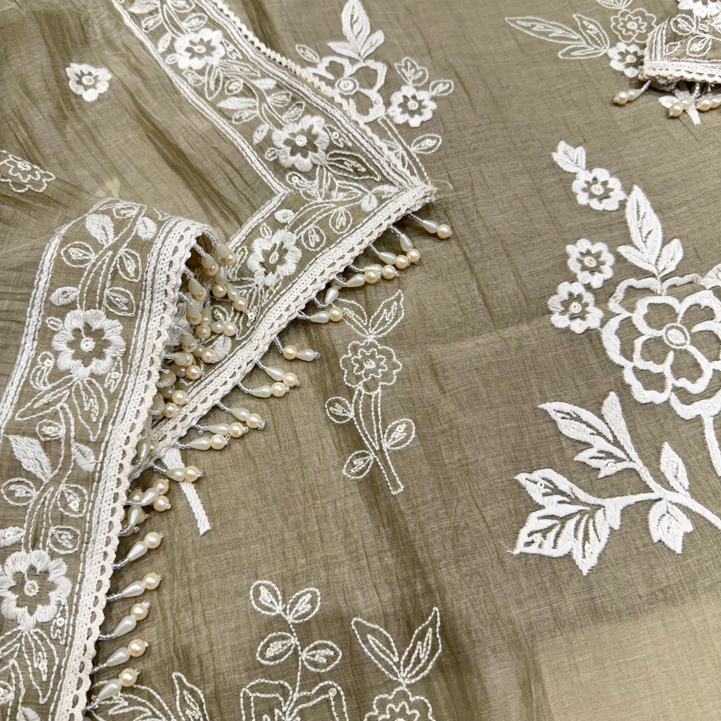 Elegant Unstitched Pure Mulmul Cotton Suit with Delicate Lace Neck, Kalamkari Threadwork, and Matching Cotton Bottom