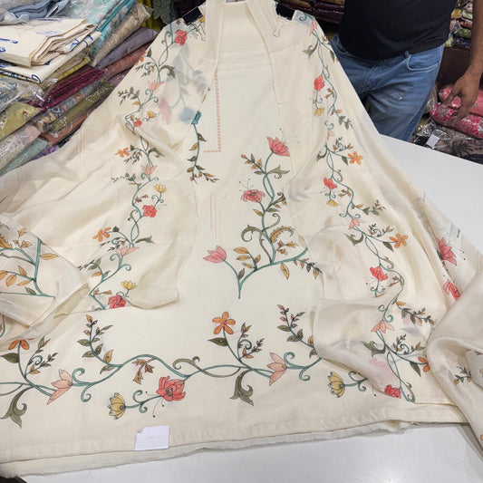 Elegant Pure Cotton Printed & Embroidered Unstitched Suit with 3 Meter Pure Cotton Bottom