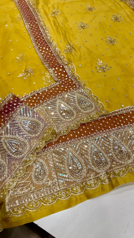 Golden Mustard Hand Embroidered Unstitched Pure Organza Suit