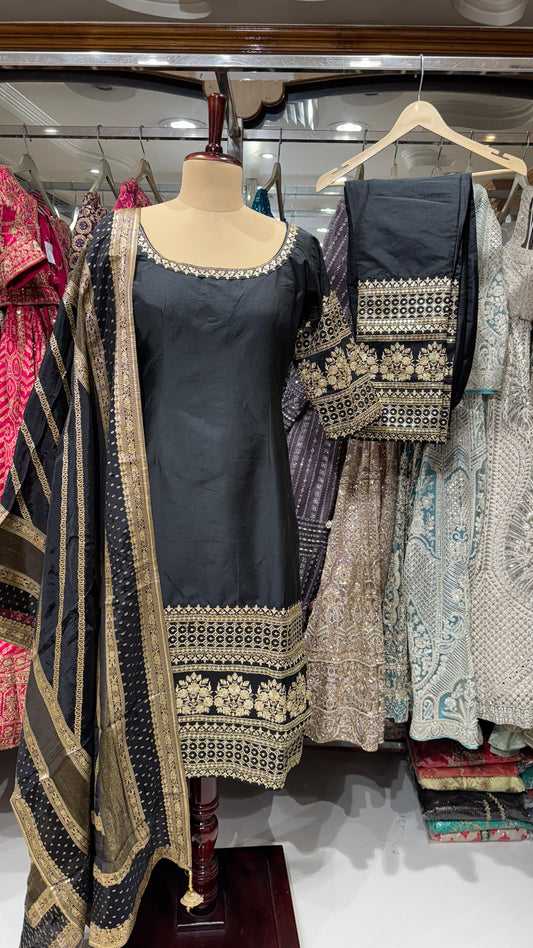 Elegant Black Silk Zari Embroidered Suit with Banarasi Dupatta & Silk Embroidered Pants