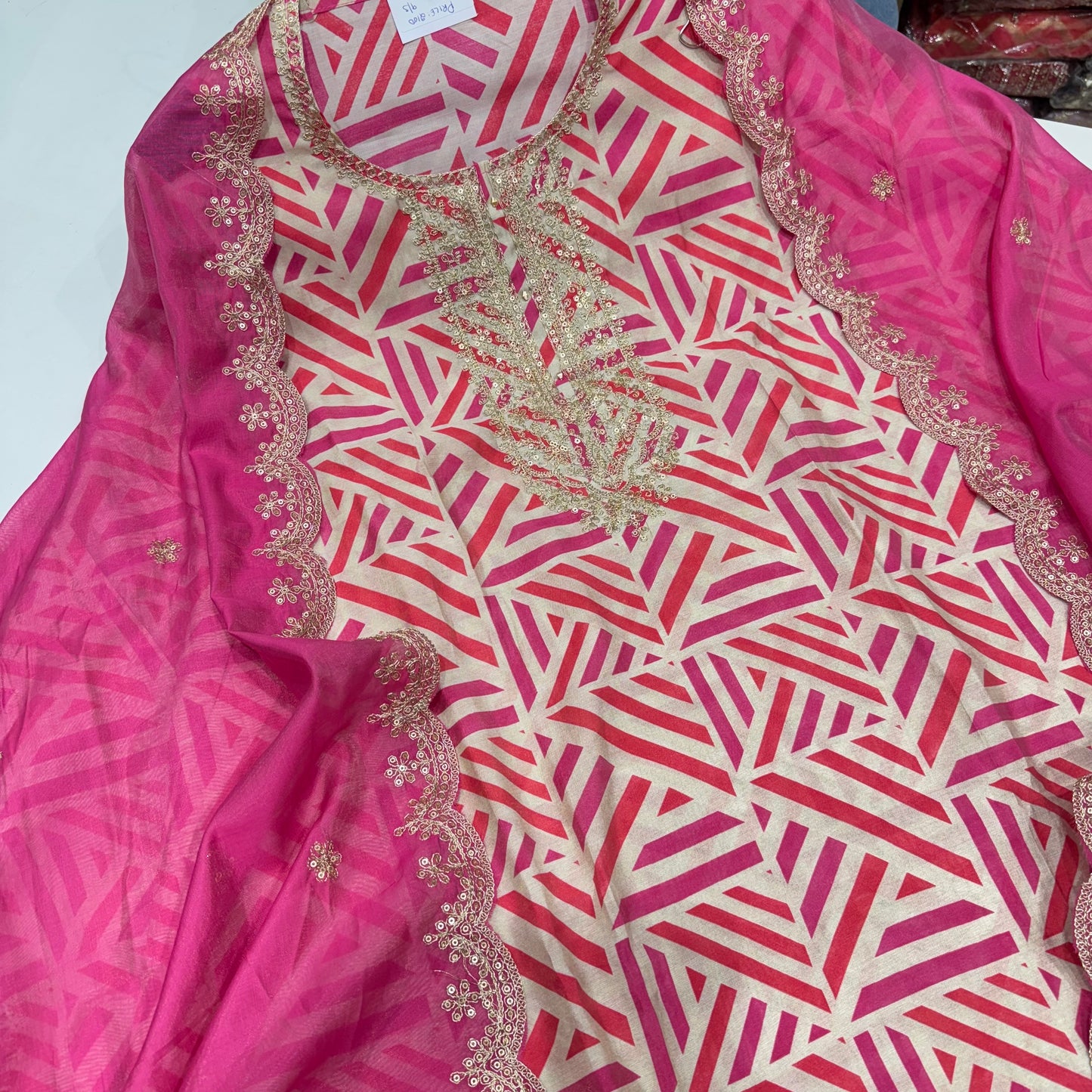 Elegant Geometric Print Modal Cotton Unstitched Suit Set with Embroidered Dupatta – Multiple Color Options ( base color is beige)