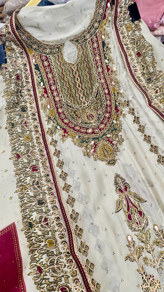Unstitched Pure Russian Silk Sabyasachi-Inspired Embroidered Suit with Heavy Crepe Bottom