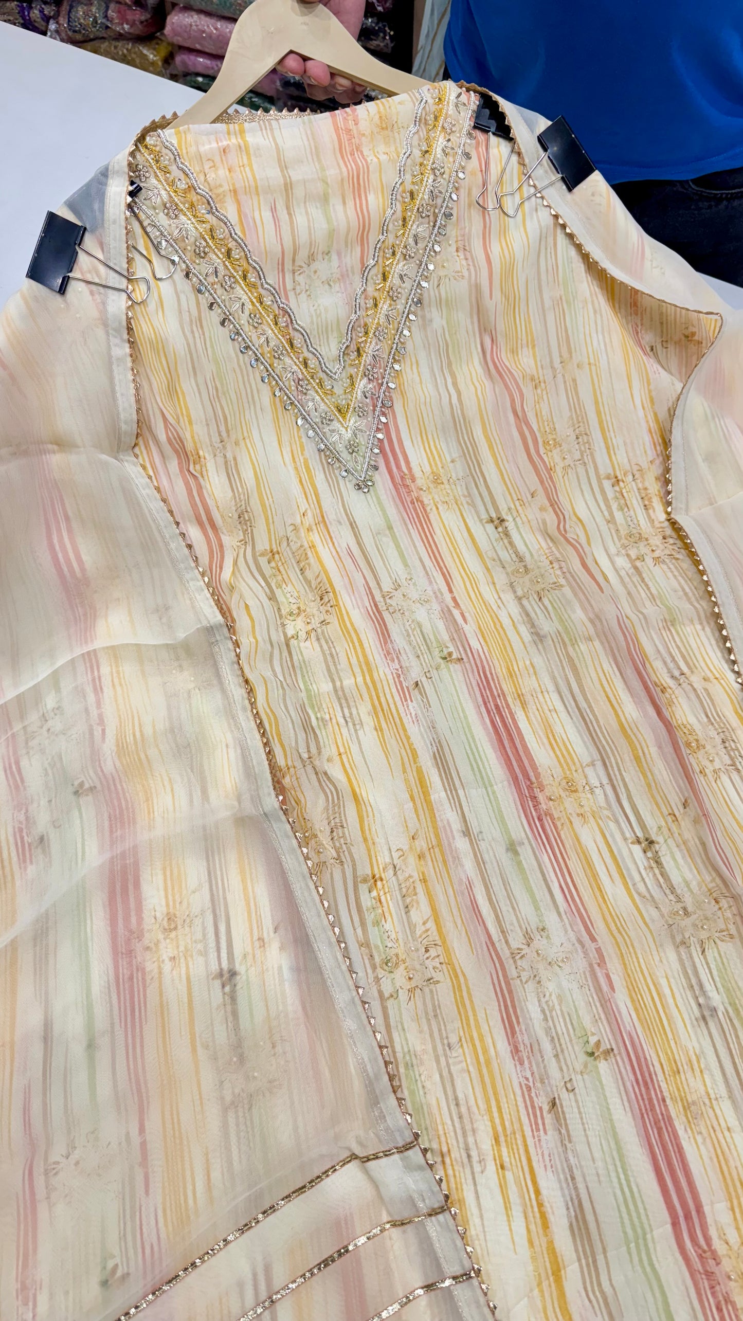Elegant Stripe Unstitched Organza Suit with Hand Zardozi Neckwork