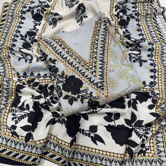 Grey Black muslin pakistani prints suit set