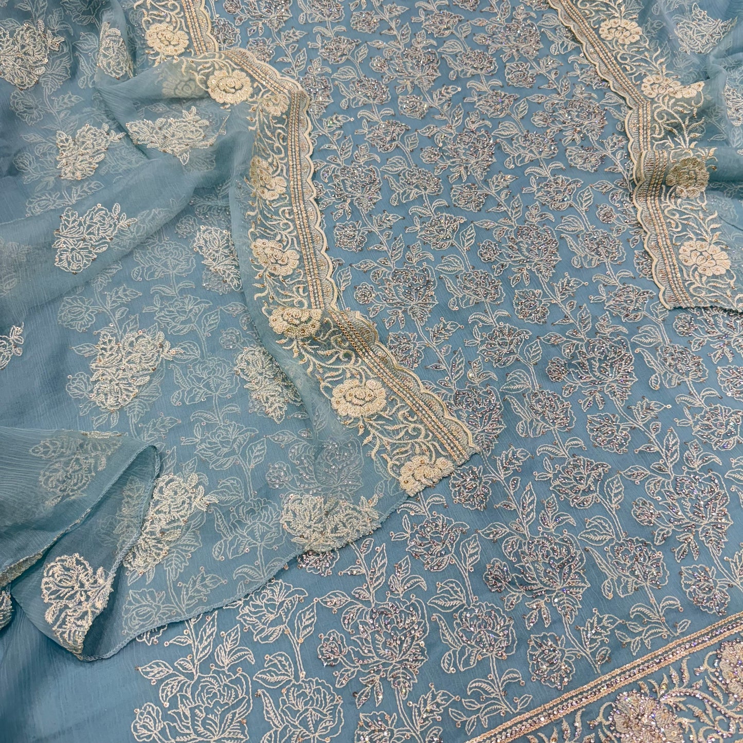 Crush Georgette Suit with Lakhnavi Thread Work & Zarkan Detailing