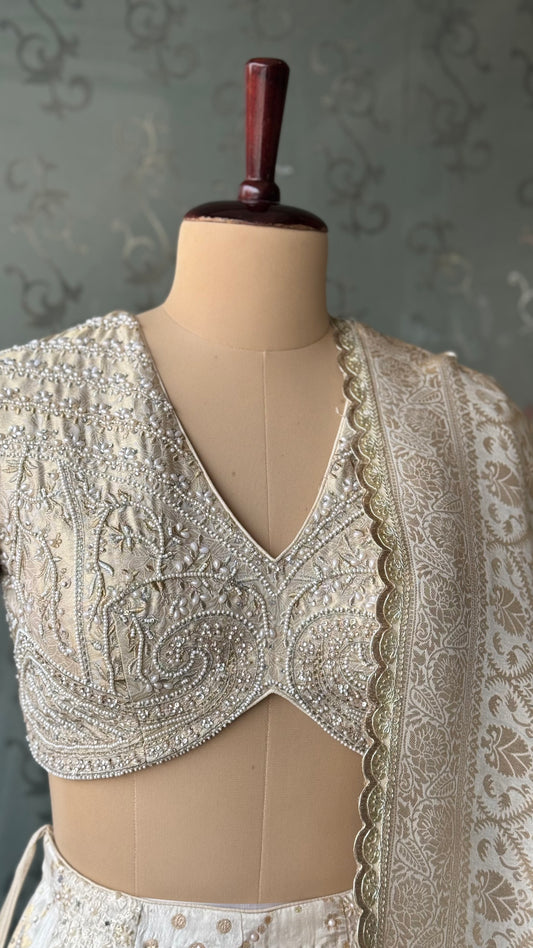Ivory Banarasi Silk Royal Lehenga Set with Handcrafted Zardozi Work Choli and Pure Banarasi Dupatta