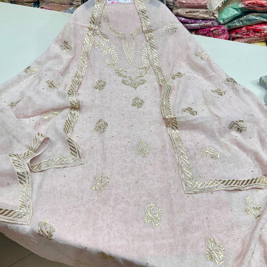 Luxury Pure Mul Mul Cotton Suit with Hand Embroidered Peeta Work on Neck, Ghera & Dupatta | Includes Pure Cotton 2.5m Bottom