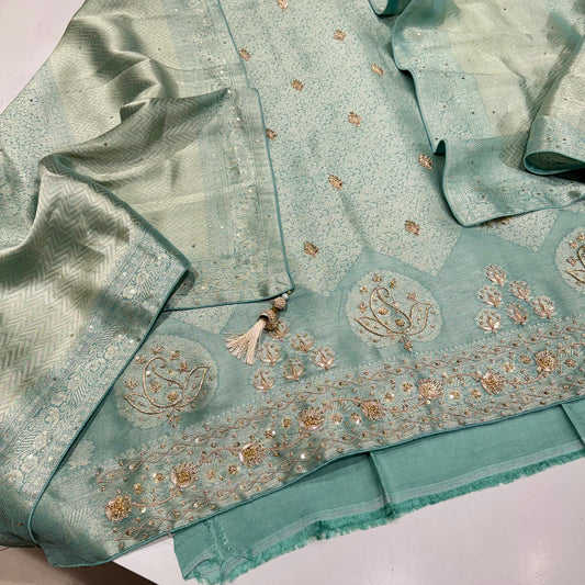 Luxury Pure Banarasi Tissue Silk Suit with Zardozi & Dabka Embroidered Ghera | Banarasi Tissue Dupatta | 2.5m Silk Bottom