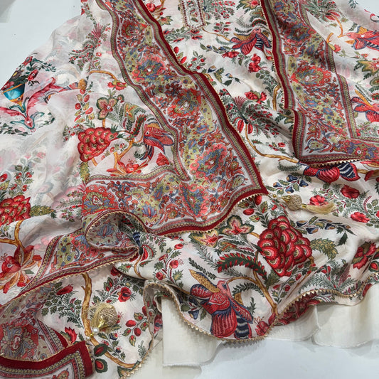 Tussar silk digital print handwork neckline suit set