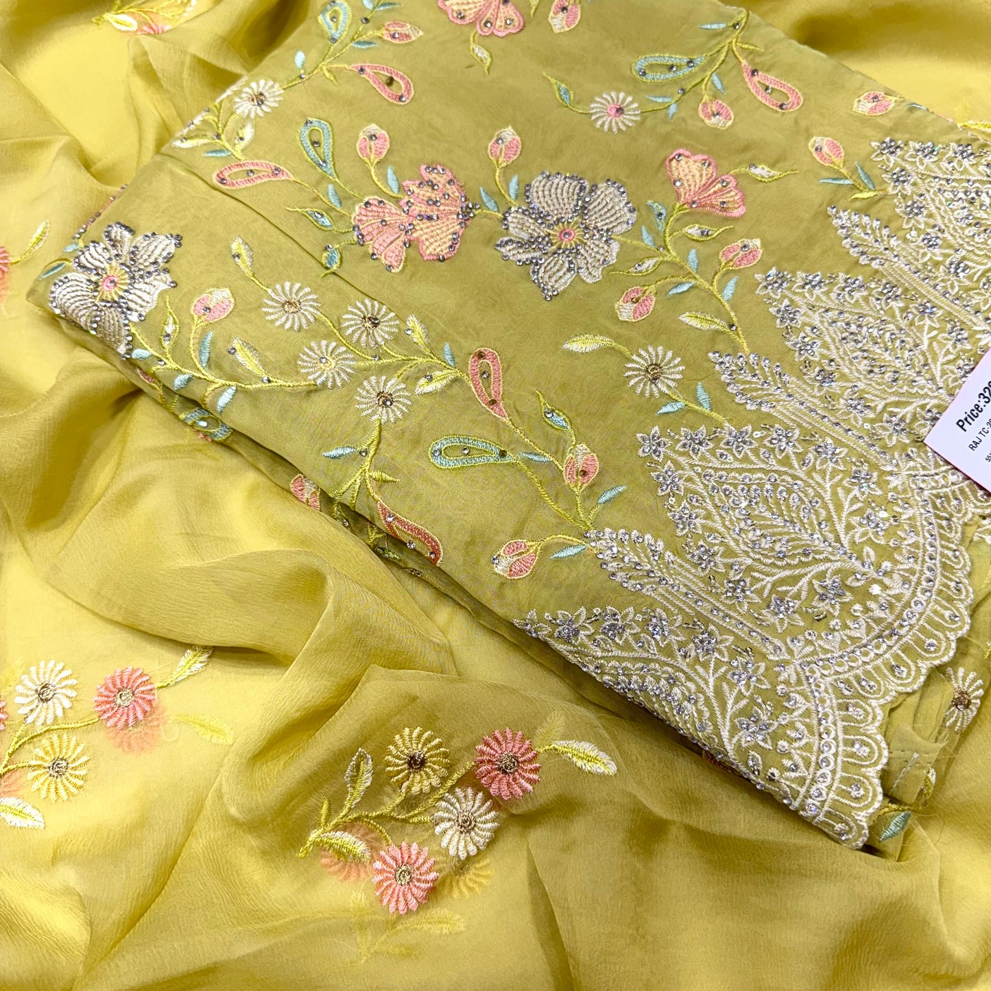 Multicolor Thread work Orgenza Suit set with chiffon dupatta