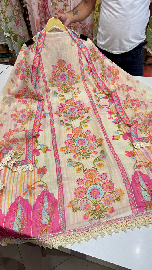 Luxury Mulmul Cotton Handwork Suit with Printed Designer Dupatta & Cotton Silk 2.5m Bottom