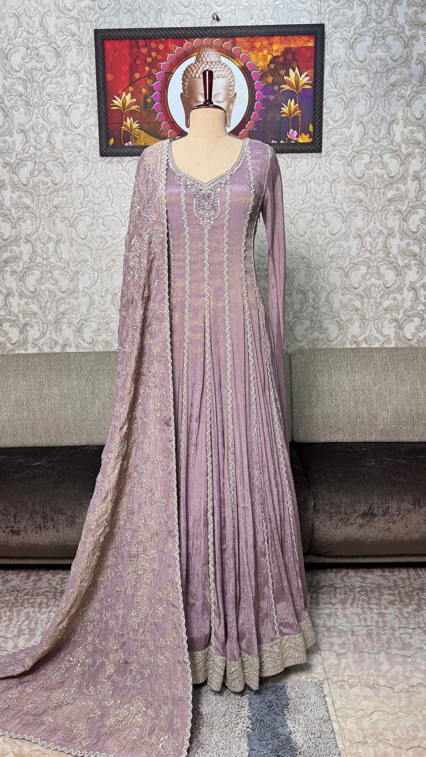 Luxury Readymade Pure Tissue Floor-Length Anarkali with Heavy Jaal Dupatta (Free Size up to 44 Bust)