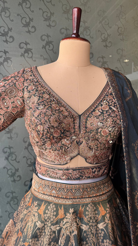 Regal Antique Zari Embroidered Silk Lehenga with Intricate Floral Motifs and Dupatta