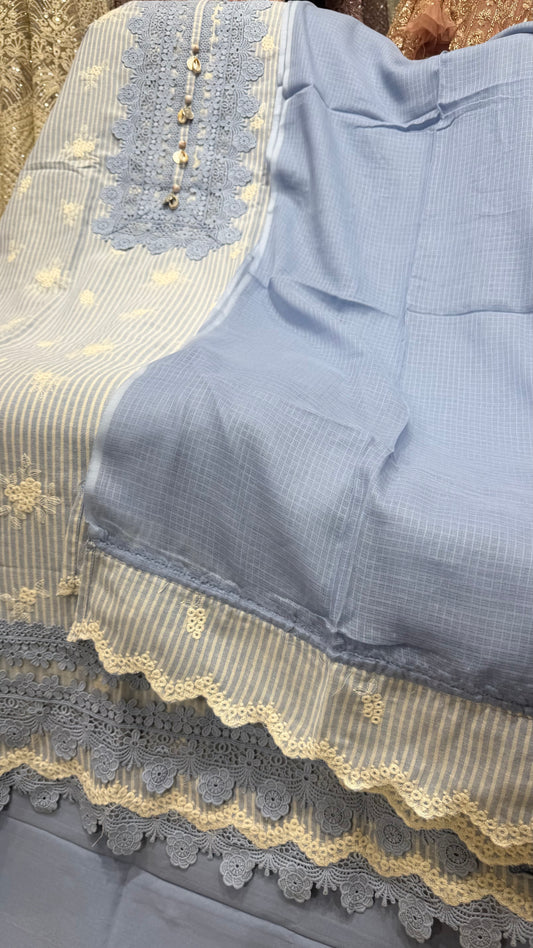 Elegant Pure South Cotton Unstitched Suit with Crochet Lace Work & Soft Kota Dupatta