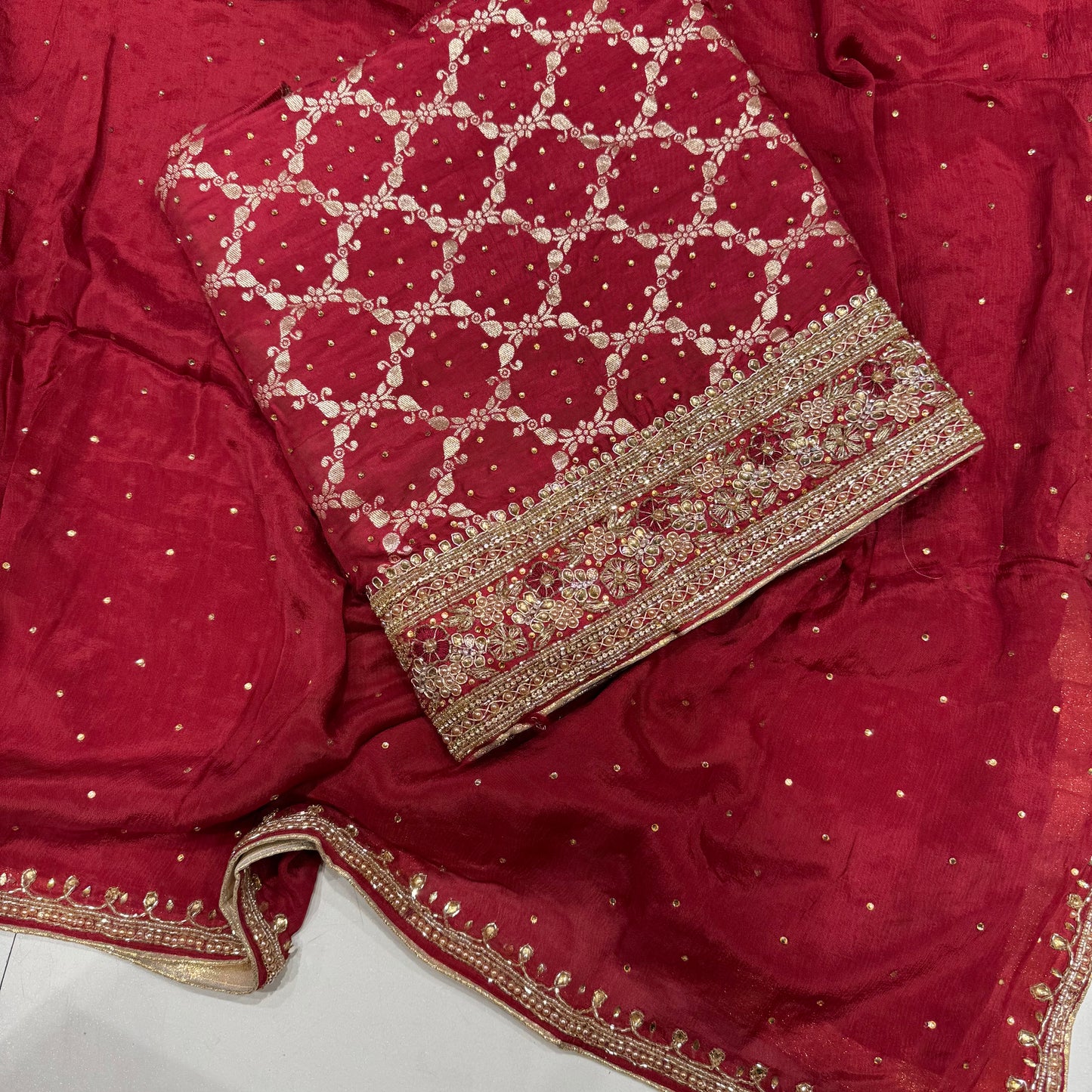 Banarsi Silk Handwork Suit set with Chinon dupatta