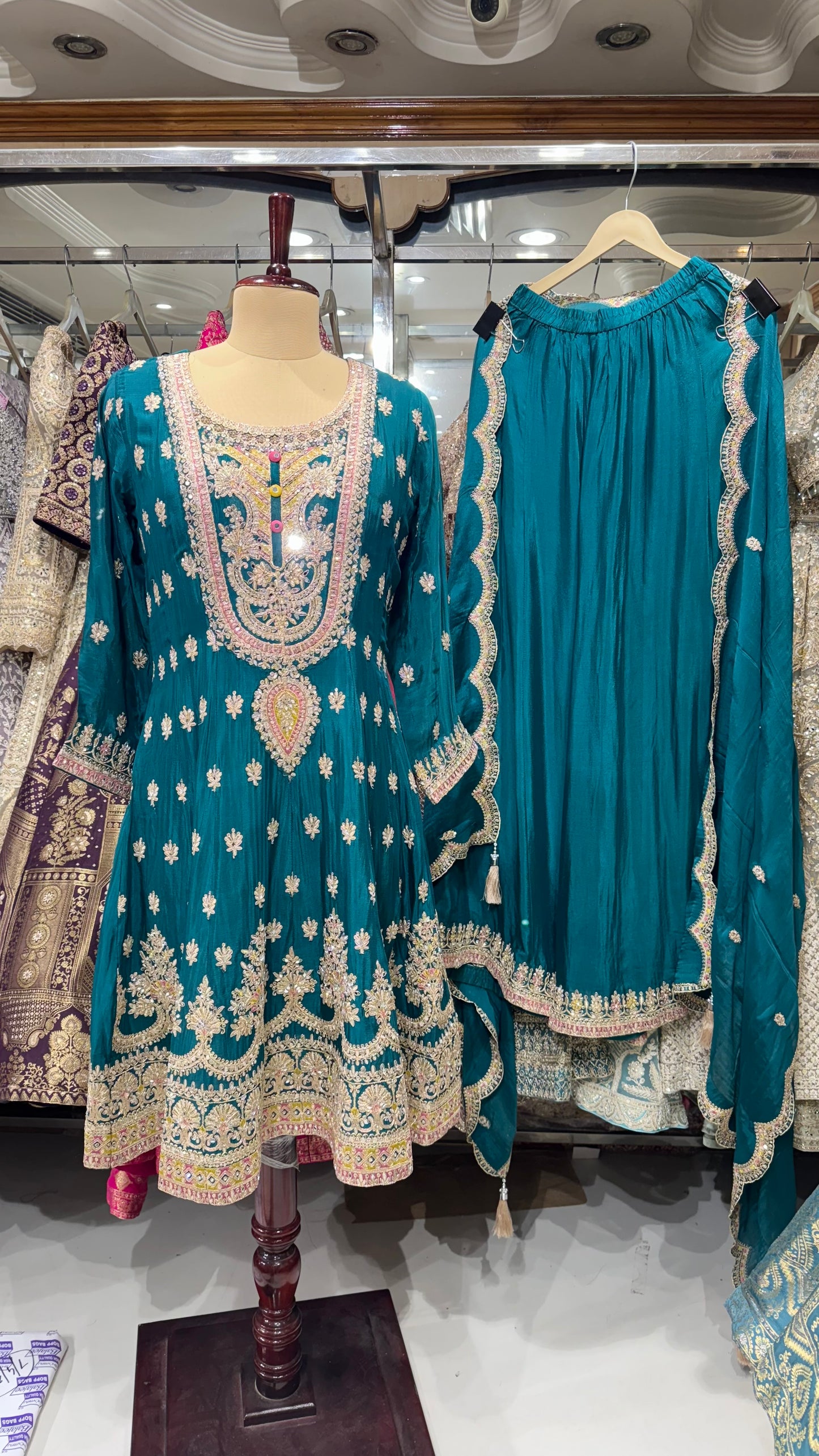 Teal Anarkali Suit with Heavy Embroidery, Sharara Pants & Dupatta – Designer Indian Ethnic Wear for Weddings & Parties