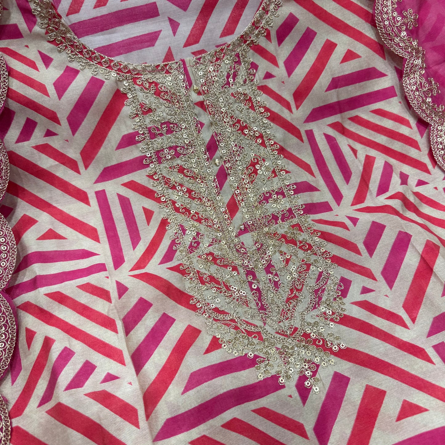 Elegant Geometric Print Modal Cotton Unstitched Suit Set with Embroidered Dupatta – Multiple Color Options ( base color is beige)