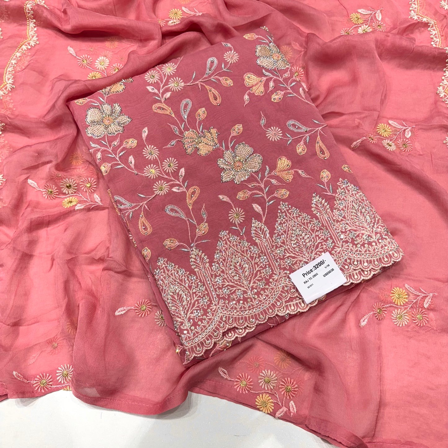 Multicolor Thread work Orgenza Suit set with chiffon dupatta