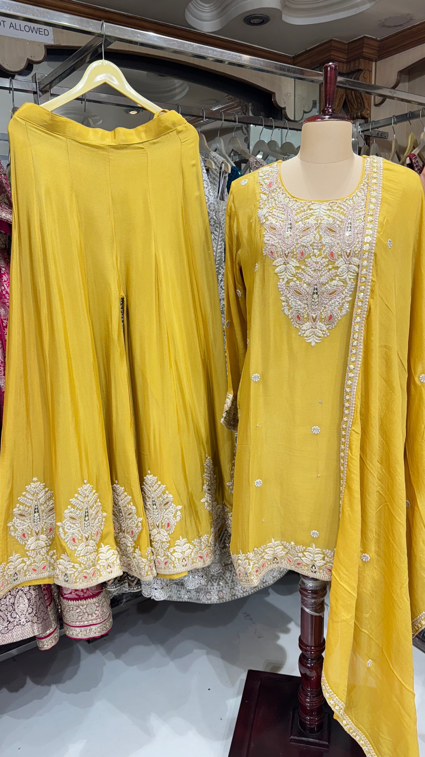 Radiant Mustard Yellow Chinon Crepe Sharara Set | Hand Embroidered Suit with Embroidered Dupatta