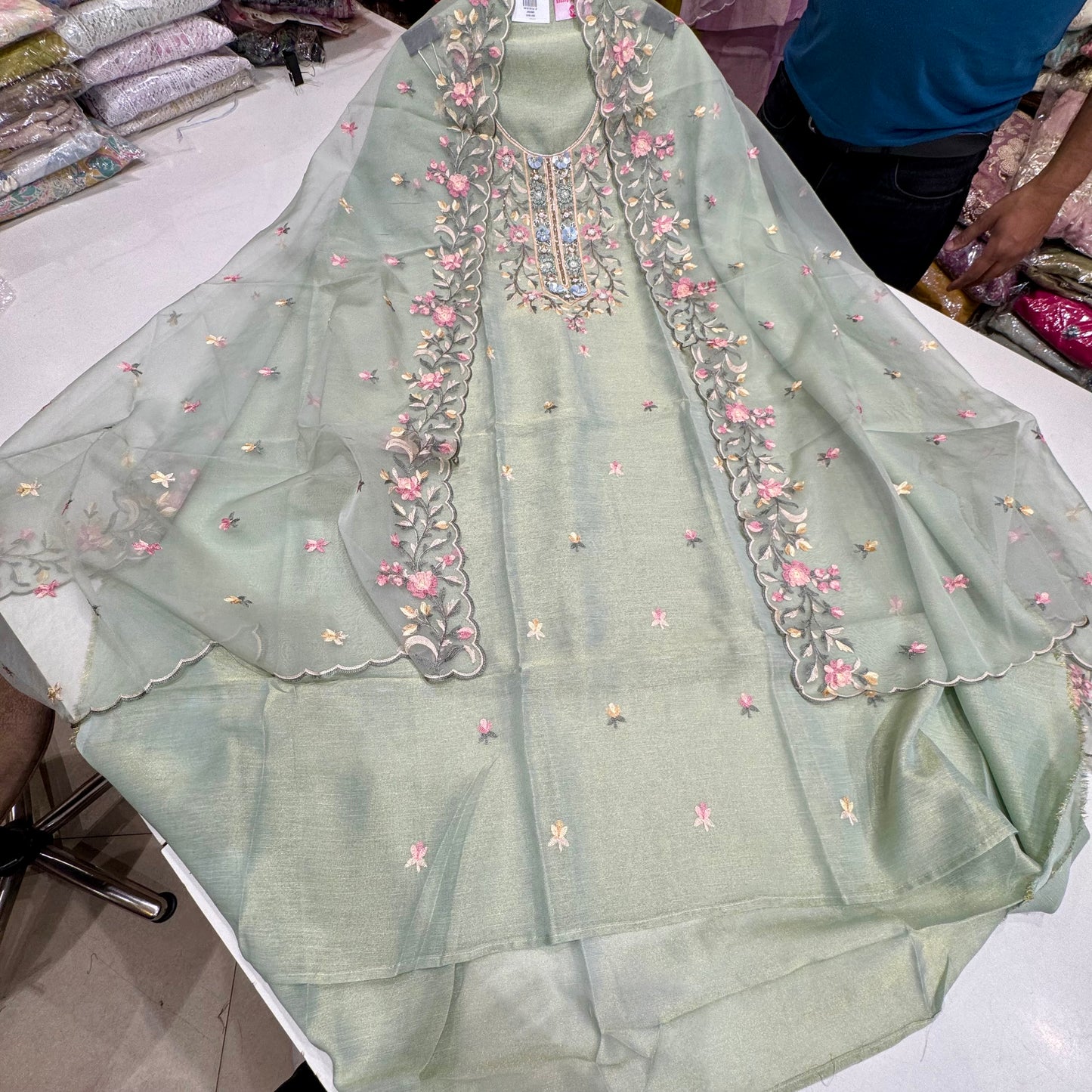 Unstitched Tissue Silk Kalamkari Embroidered Suit with Handwork Neck & Organza Dupatta