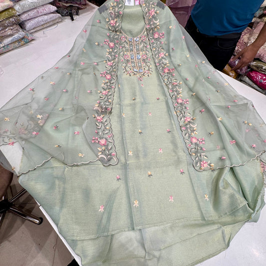 Unstitched Tissue Silk Kalamkari Embroidered Suit with Handwork Neck & Organza Dupatta