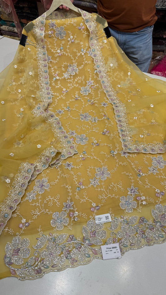 Elegant Crush Georgette Unstitched Suit with Lakhnavi & Zarkan Embroidery