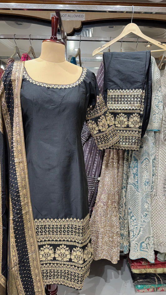 Elegant Black Silk Zari Embroidered Suit with Banarasi Dupatta & Silk Embroidered Pants