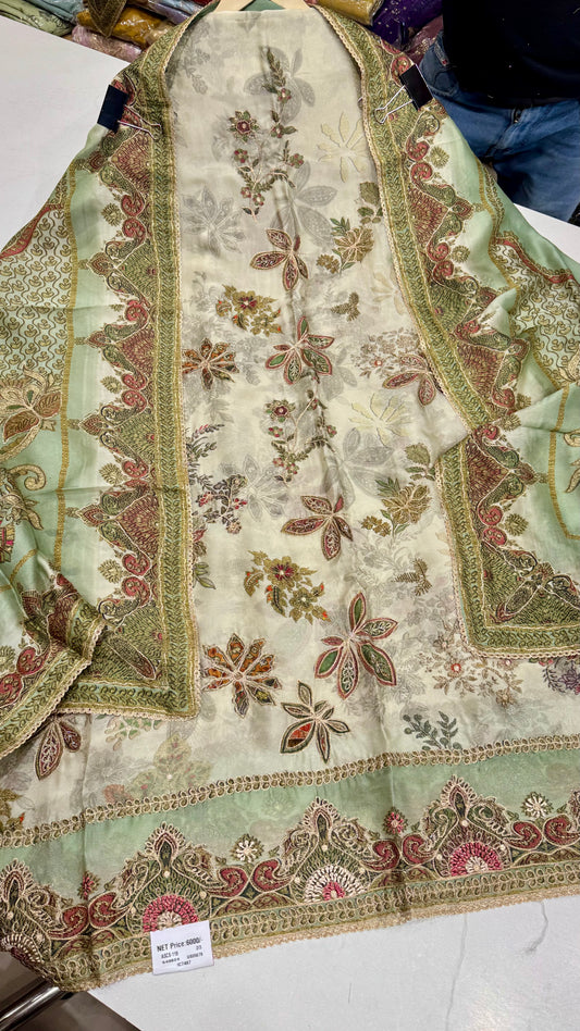 Sabyasachi Inspired Russian Silk Digital Print & Hand Embroidered Suit Set