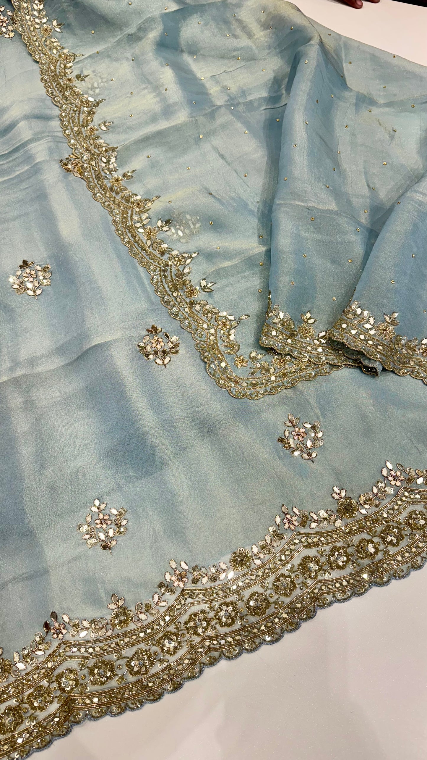 Elegant Sky Blue Pure Tissue Silk Unstitched Suit with Opada Silk Bottom