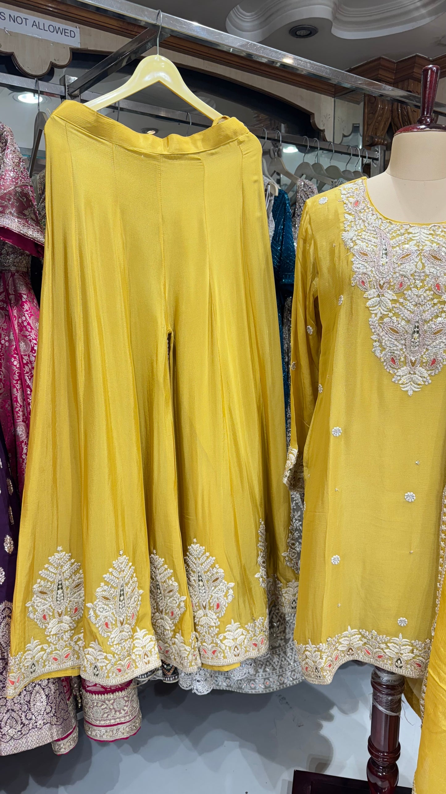 Radiant Mustard Yellow Chinon Crepe Sharara Set | Hand Embroidered Suit with Embroidered Dupatta