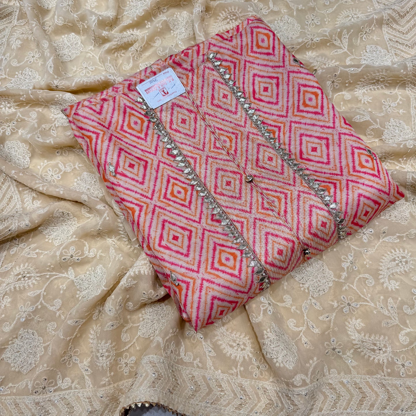 Elegant tussar silk printed suit set with lakhnavi dupatta