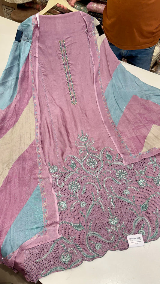 Opada Silk Unstitched Embroidered Suit with Printed Chinon Dupatta