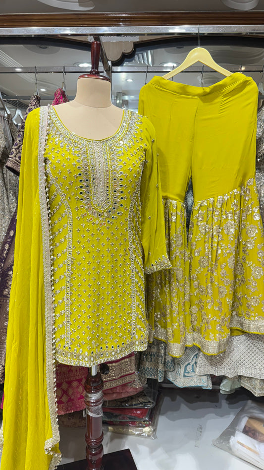 Mint Green Georgette Gharara Suit with Mirror, Pearls & Zardozi Handwork