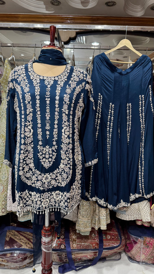 Embroidered Chinon Sharara Suit Set with Pearl Detailing – Available in Peach, Bottle Green & Navy Blue