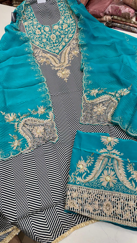 Unstitched Pure Satin Silk Hand Embroidered Suit with Contrast Crepe Embroidered Bottom