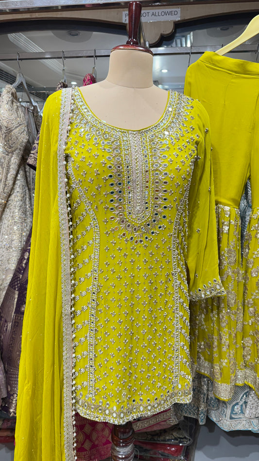 Mint Green Georgette Gharara Suit with Mirror, Pearls & Zardozi Handwork