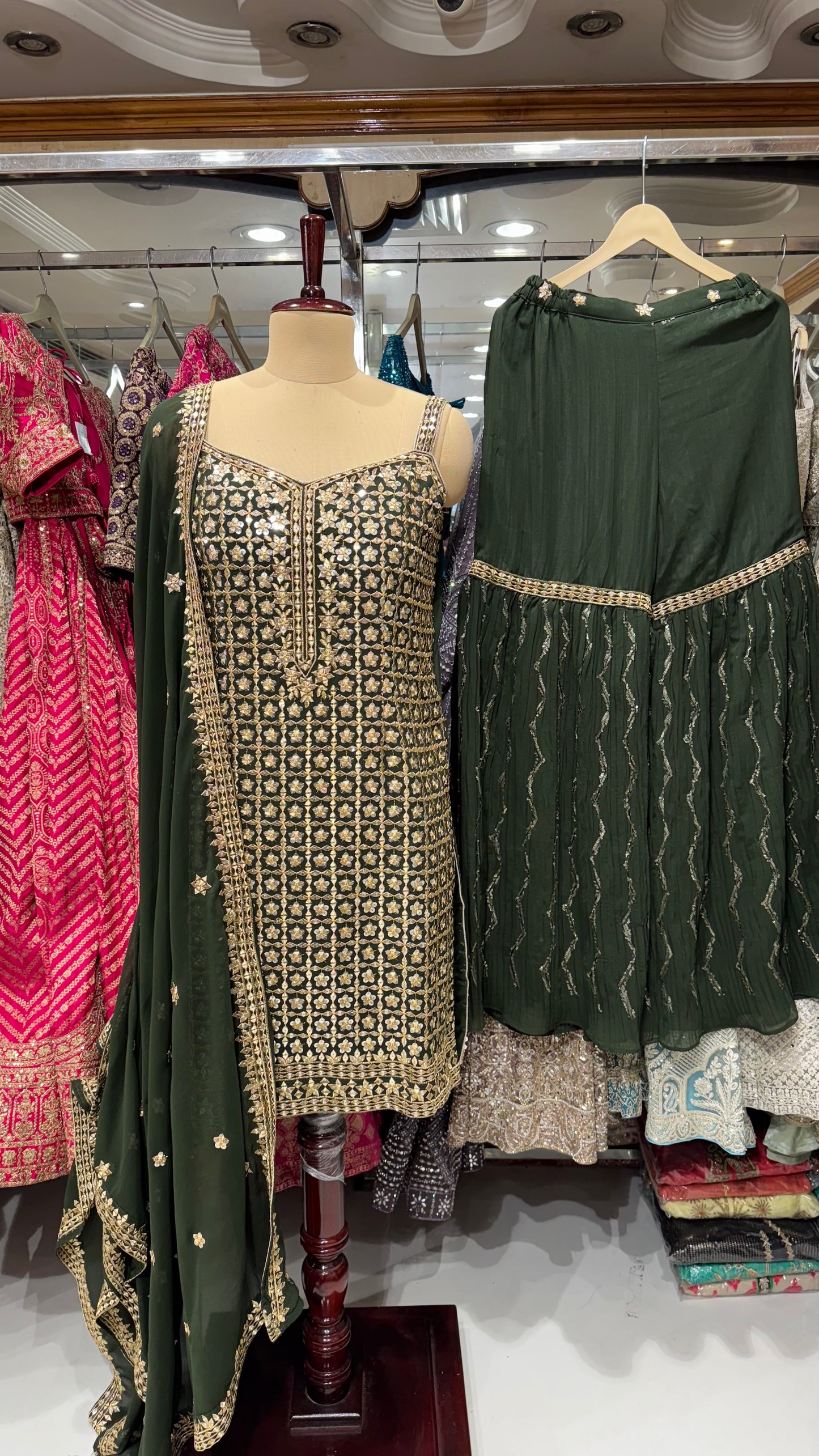 Trendy Green Georgette Sequin Work Gharara Suit with Matching Dupatta