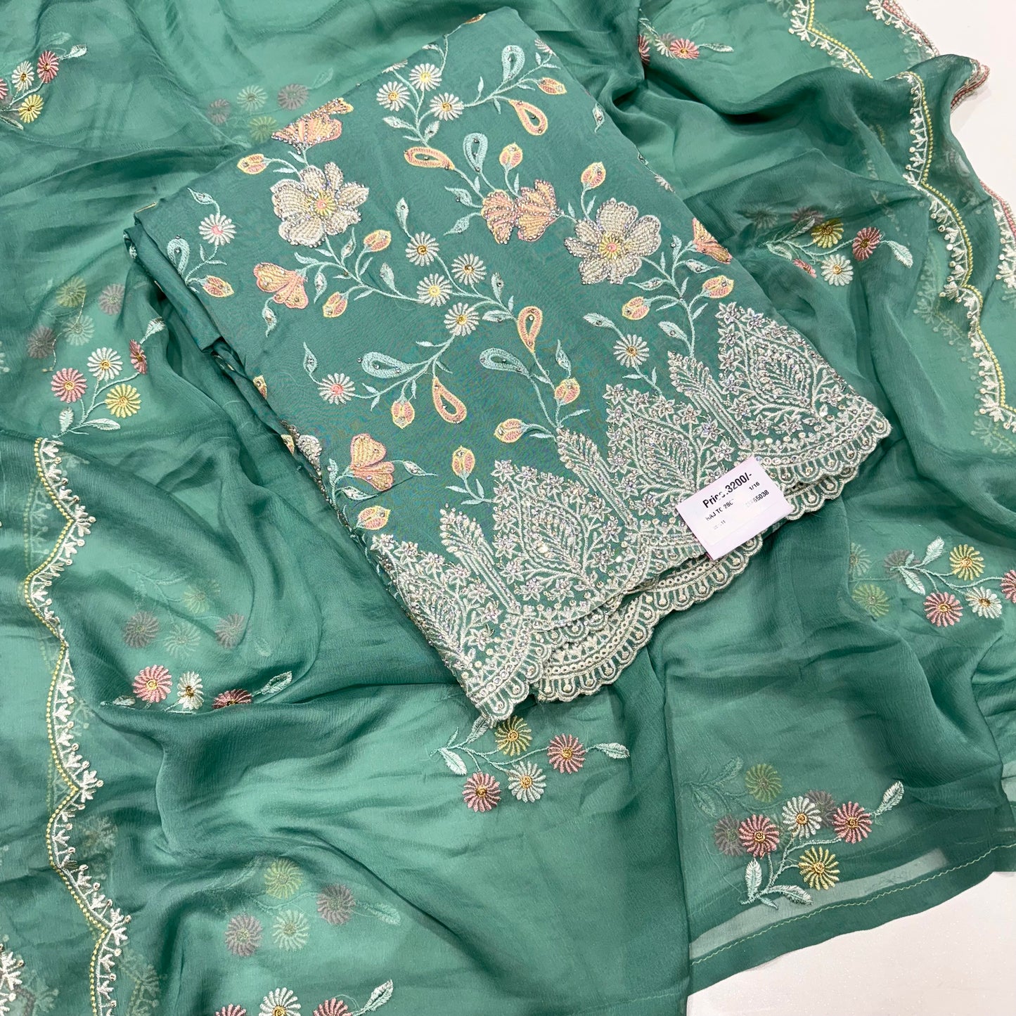 Multicolor Thread work Orgenza Suit set with chiffon dupatta