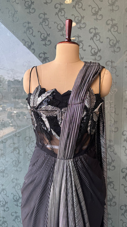 Black Metallic Drape Cocktail Gown with Hand Embellished Leaf Motif Bodice