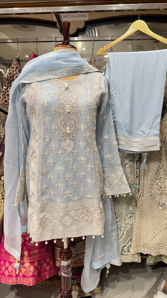 Blush Glam Organza Pants Suit Set with Luxe Embroidery & Pearl Drops