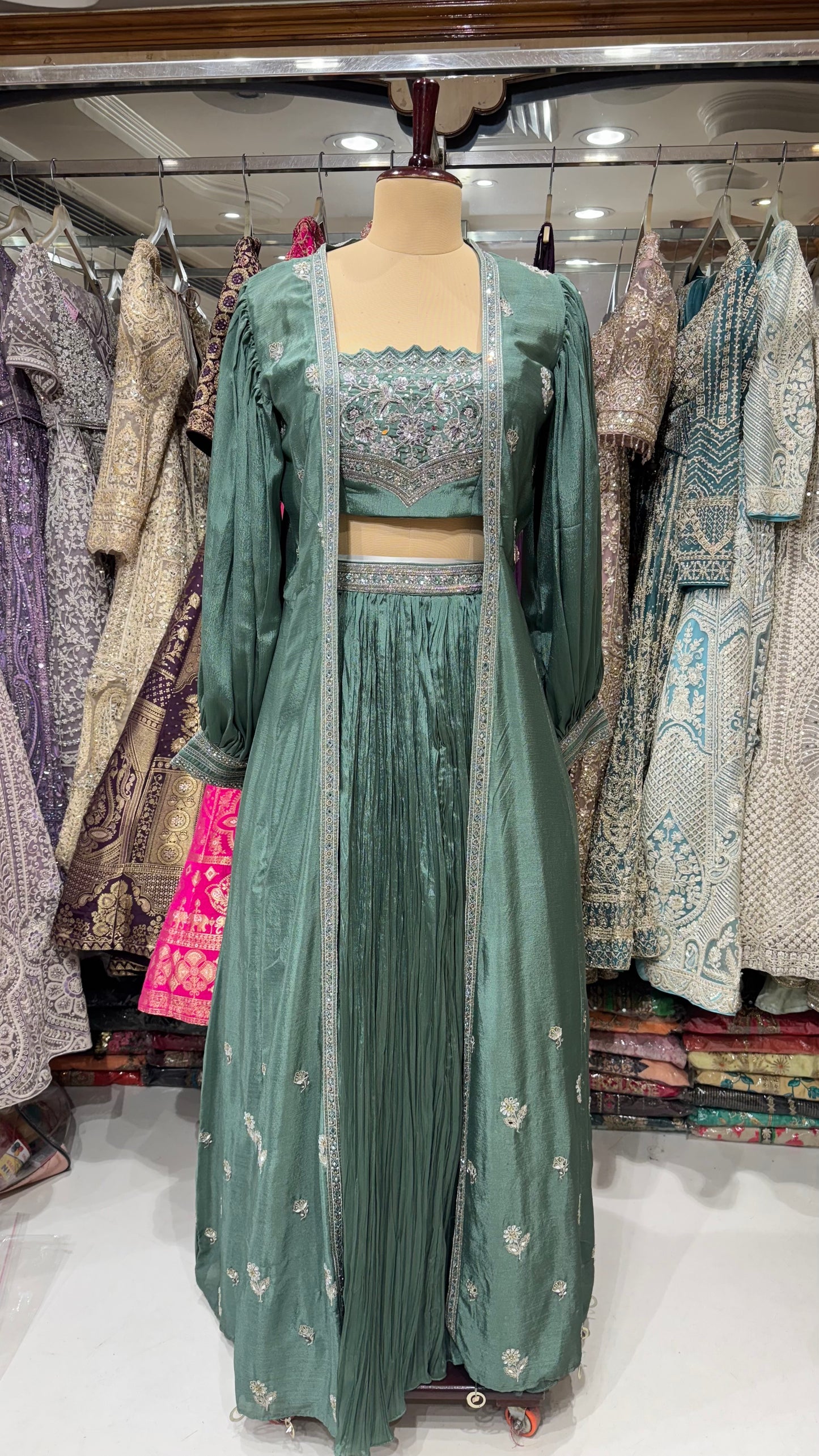 Graceful 3-Piece Indo-Western Cape Dress – Hand Embellished Chinon Crepe Blouse, Skirt & Flowing Cape Jacket
