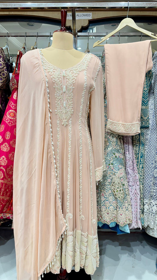 Readymade Peach Georgette Anarkali Suit with Hand Embroidered Pearl Work & Matching Dupatta