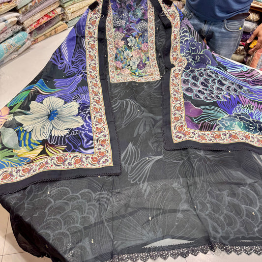 Luxury Organza Digital Printed Suit with Handwork Neckline & Printed Dupatta