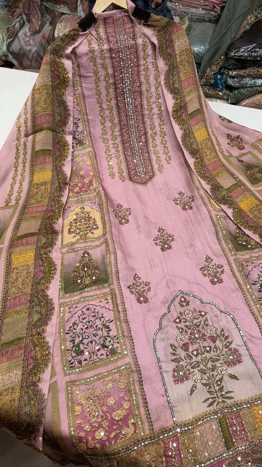 Luxury Unstitched Pure Burberry Tissue Suit | Designer Position Print with Heavy Zari & Sequence Hand Embroidery | Printed Dupatta & Cotton Silk Bottom Fabric | Festive Wedding Wear (US7236)