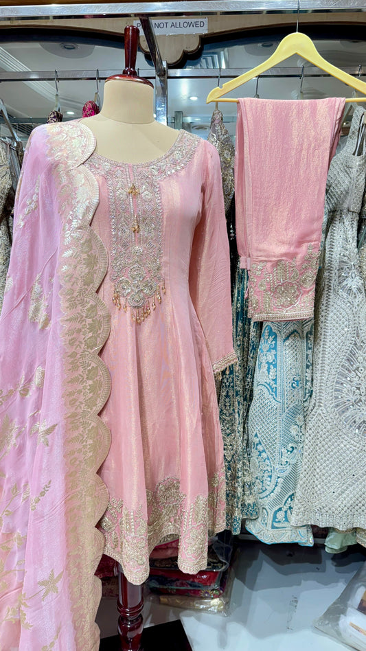 Elegant Tissue Silk Anarkali Set with Banarasi Tissue Dupatta & Embroidered Pants