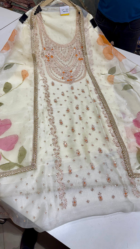 Glass Organza Unstitched Suit with Heavy Zardozi Hand Embroidery