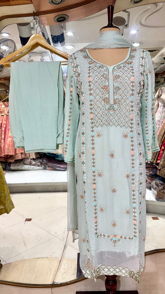 Pastel Mint Hand Embroidered Zardozi Readymade Suit – Free Size (Up to 44” Bust)